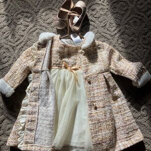 Baby girl dress, shoes and coat for special occasion.